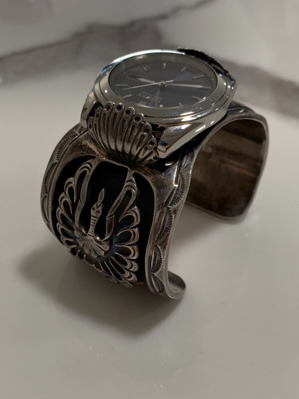 product details: STUNNING NAVAJO STERLING SILVER THUNDERBIRD CUFF BRACELET REMOVABLE & REPLACEABLE WATCH FACE *SIGNED TSINNIE photo