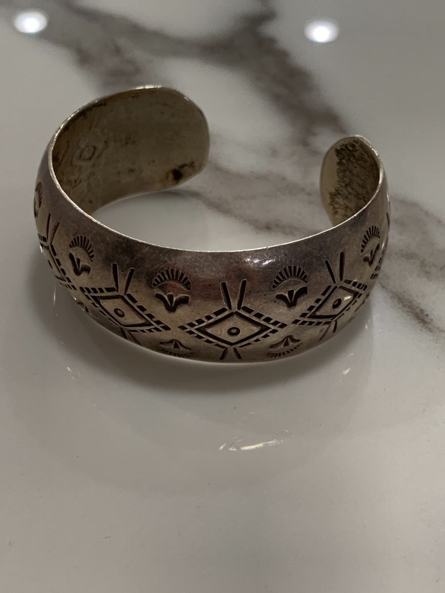 Item #913R- XLG Wide Navajo Stamped Symbols Repousse Sterling Silver Cuff  Bracelet by V&C Hale —Men's and Women's Sterling Silver and Gold Bracelets-  EAGLE ROCK TRADING POST-Native American Jewelry