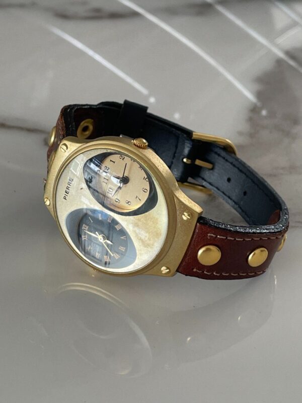 product details: DUAL TIME ZONE 38MM BLACK GOLD ACCENTED LEATHER BAND WRIST WATCH photo