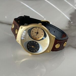 Photo detail:DUAL TIME ZONE 38MM BLACK GOLD ACCENTED LEATHER BAND WRIST WATCH