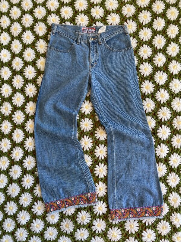 product details: COOL FUNKY 1990S EARLY Y2K DENIM FLARES PAISLEY BOTTOM TRIM photo