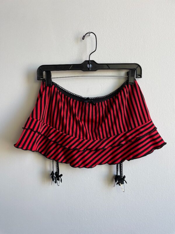 product details: CUTE PINUP ROCKABILLY RED & BLACK STRIPED SHORT RUFFLED SKIRT W/ ATTACHED GARTER BELTS photo
