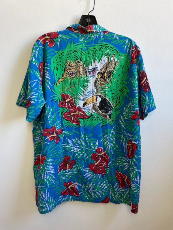 product details: AMAZING 1980S COTTON HAWAIIAN SHIRT LARGE RED FLOWER & PALM LEAVES photo
