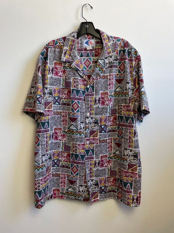 product details: 1990S GEOMETRIC TRIBAL DEISGN PRINT SHORT SLEEVE BUTTON DOWN SHIRT photo