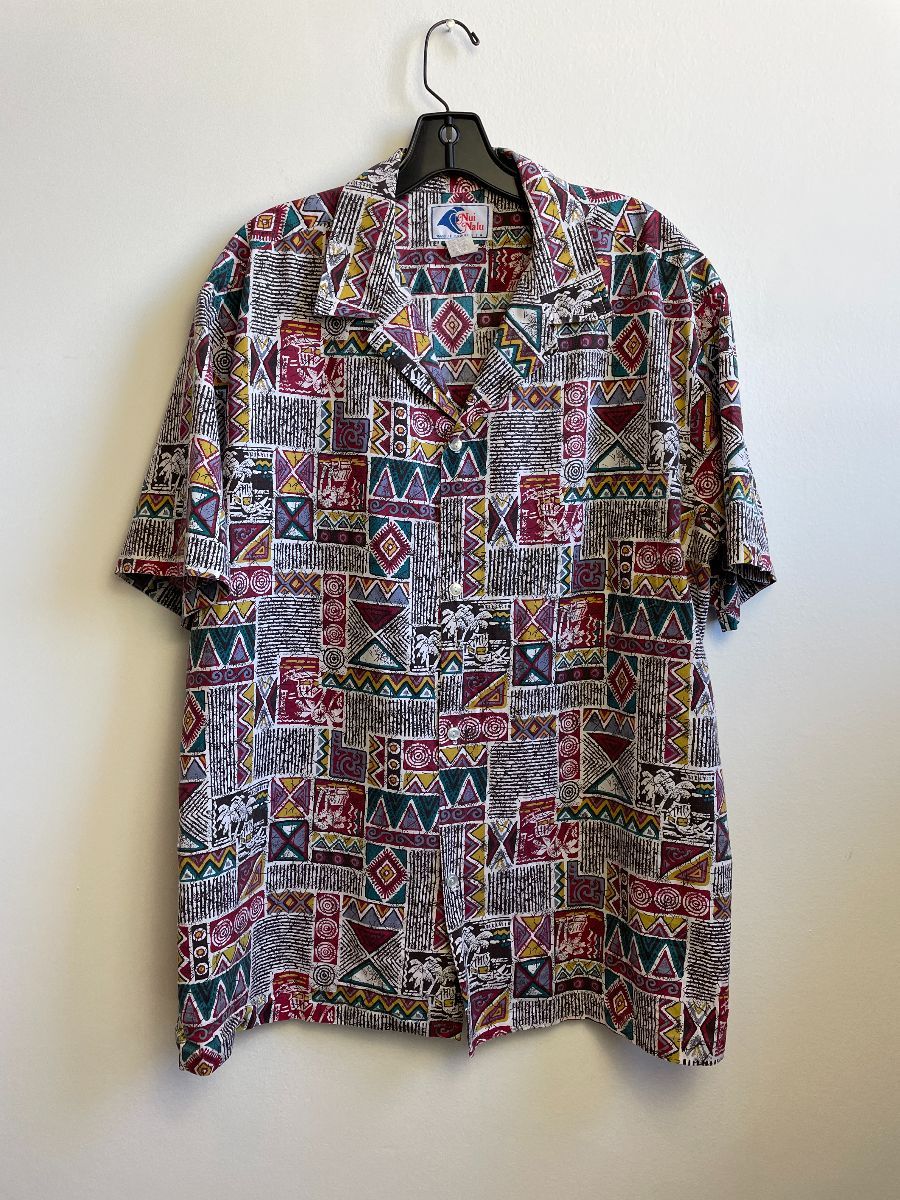 1990s Geometric Tribal Deisgn Print Short Sleeve Button Down Shirt ...