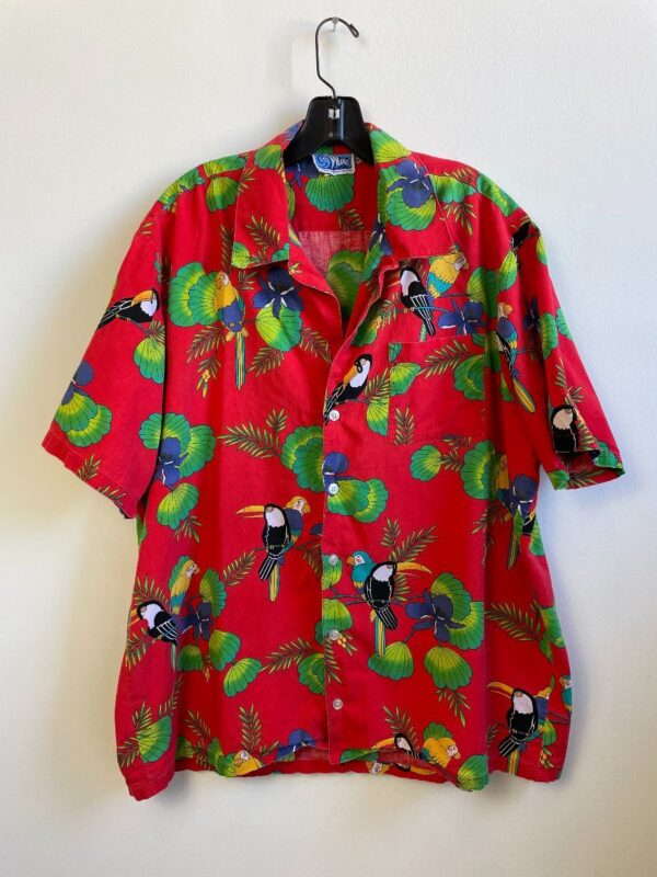 product details: AS-IS FUN TROPICAL PARROT & TUCAN PRINT HAWAIIAN SHIRT photo