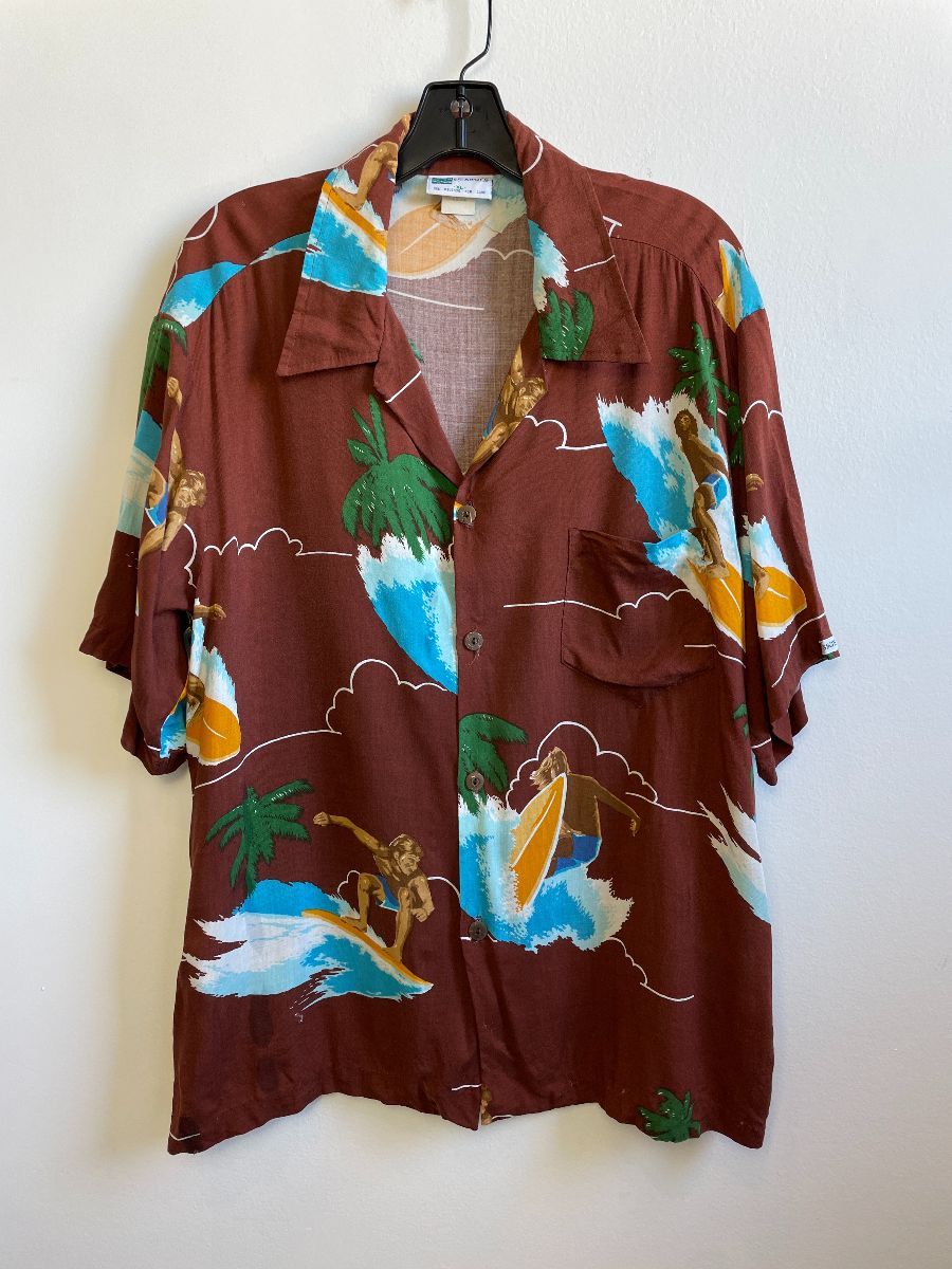 As-is Killer 100% Rayon Surfer Print Hawaiian Shirt | Boardwalk Vintage