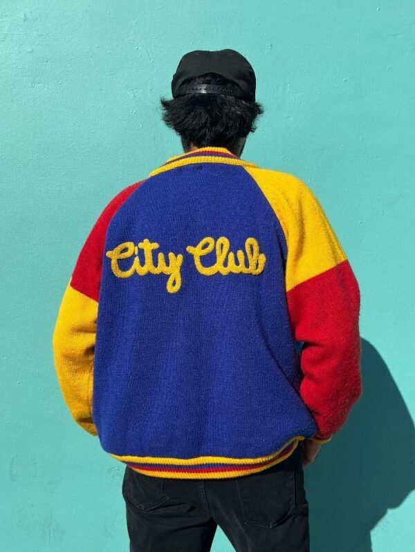 product details: AMAZING! PRIMARY COLOR BLOCK KNIT VARSITY STYLE CARDIGAN SWEATER CHENILLE PATCHES & SHERPA LINING photo
