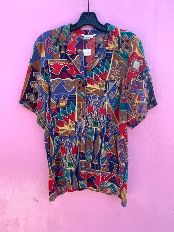 product details: 1990S GEOMETRIC PRINT SILK SHORT SLEEVE BUTTON DOWN SHIRT AS-IS photo