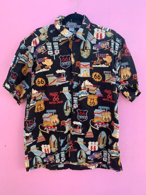product details: ROUTE 66 SHORT SLEEVE BUTTON  UP SHIRT W/ VARIOUS SIGHTSEEING DESTINATIONS photo