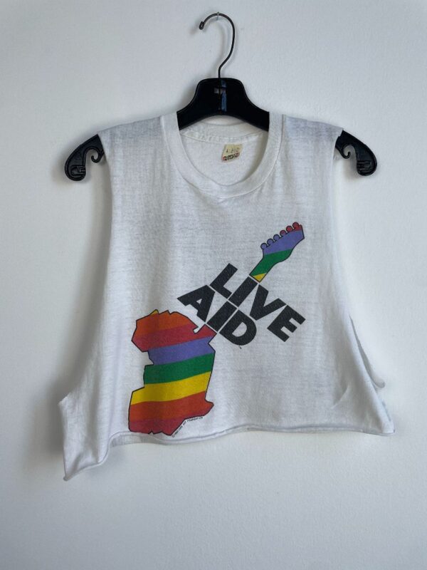 product details: 1985 LIVE AID CROPPED DUAL SIDED CUT OFF GRAPHIC TEE photo