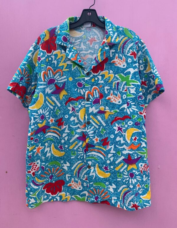 product details: BRIGHT! 100% COTTON ALLOVER ABSTRACT PRINT SHORT SLEEVE BUTTON UP CAMP COLLAR SHIRT photo