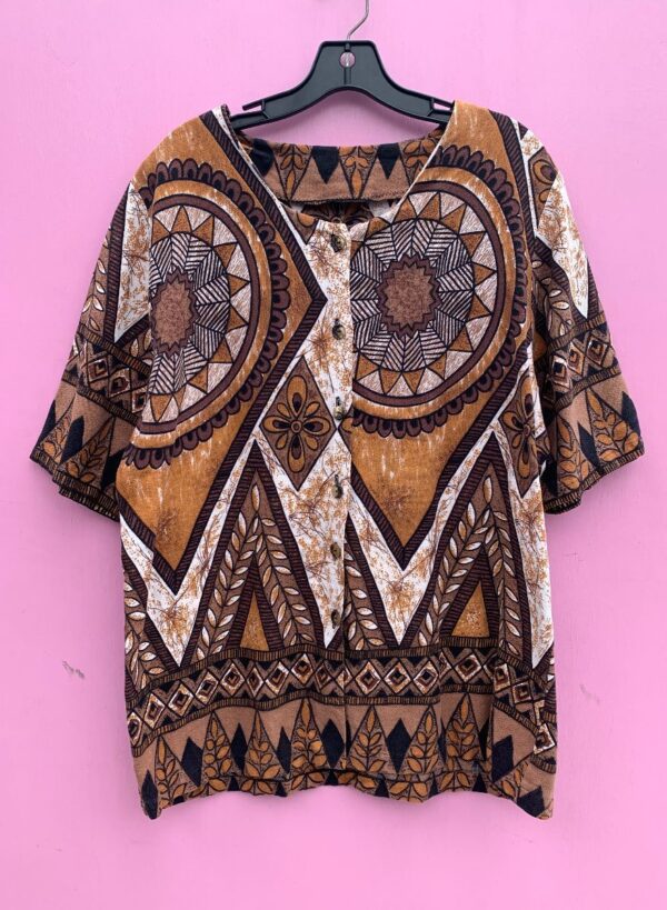 product details: UNIQUE COLLARLESS ALL OVER TRIBAL PRINT BOXY SHORT SLEEVE BUTTON UP DASHIKI photo