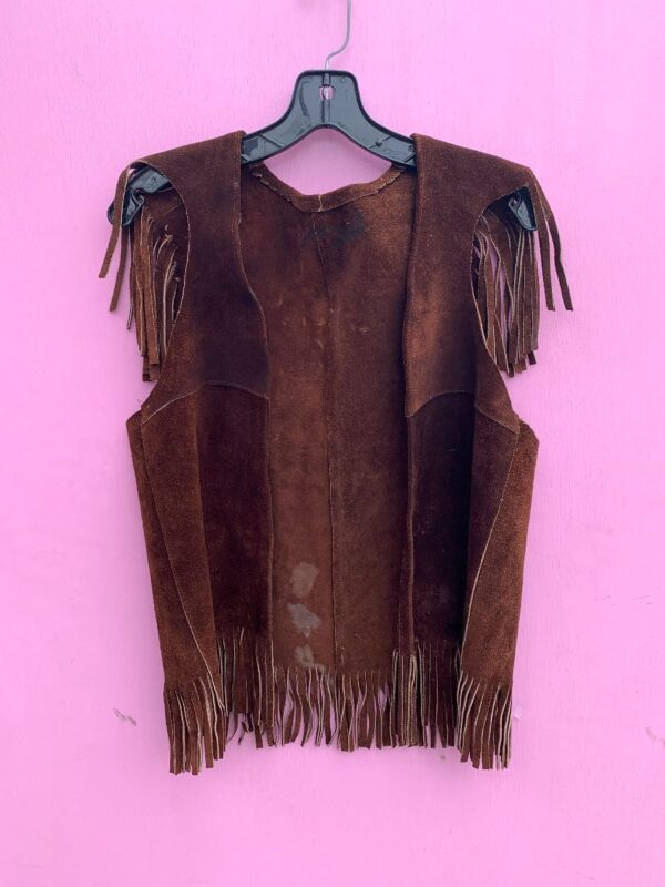 product details: AS-IS BROWN SUEDE OPEN FRINGED HEM VEST photo
