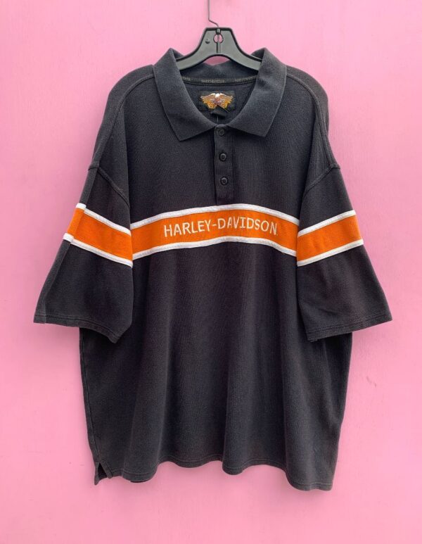 product details: AS-IS OVERSIZED COTTON HARLEY DAVIDSON EMBROIDERED LOGO POLO SHIRT ORANGE STRIPE photo