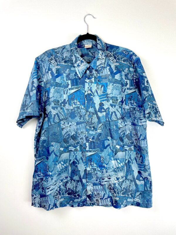 product details: AMAZING EGYPTIAN ALLOVER PRINT SHORT SLEEVE BUTTON DOWN SILKY DISCO SHIRT photo