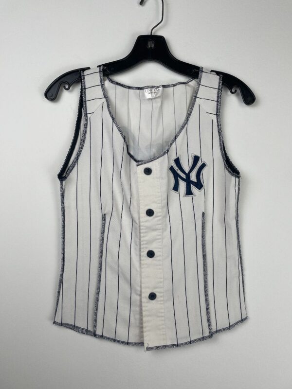 product details: NEW YORK YANKEES REWORKED SLEEVELESS BUTTON UP JERSEY EXPOSED SEAMS photo