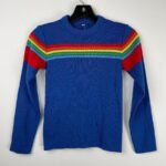 AMAZING 1970S-80S RAINBOW STRIPED DESIGN RIBBED NECK SWEATER SMALL FIT