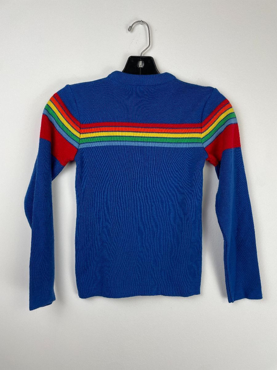 Amazing 1970s-80s Rainbow Striped Design Ribbed Neck Sweater Small 