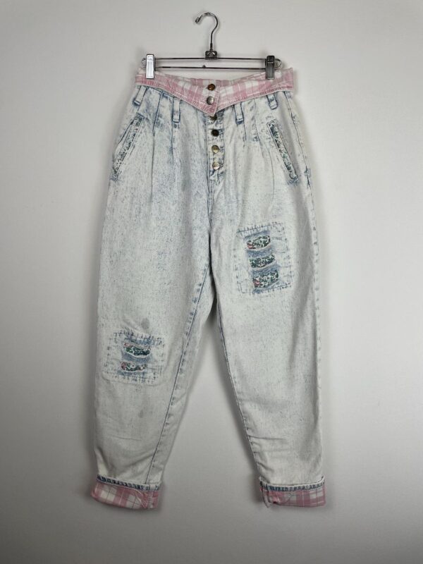 product details: 1980S PINK FLANNEL FOLD OVER WAIST ACID WASH PATCHWORK JEANS photo