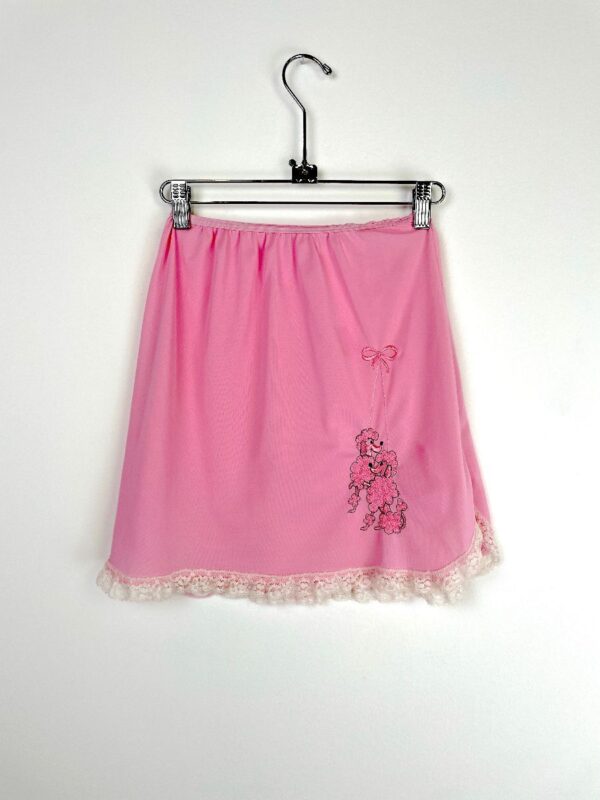 product details: ADORABLE! CHAIN STITCHED EMBROIDERED POODLE SEER NYLON MINI SKIRT LACE TRIM photo