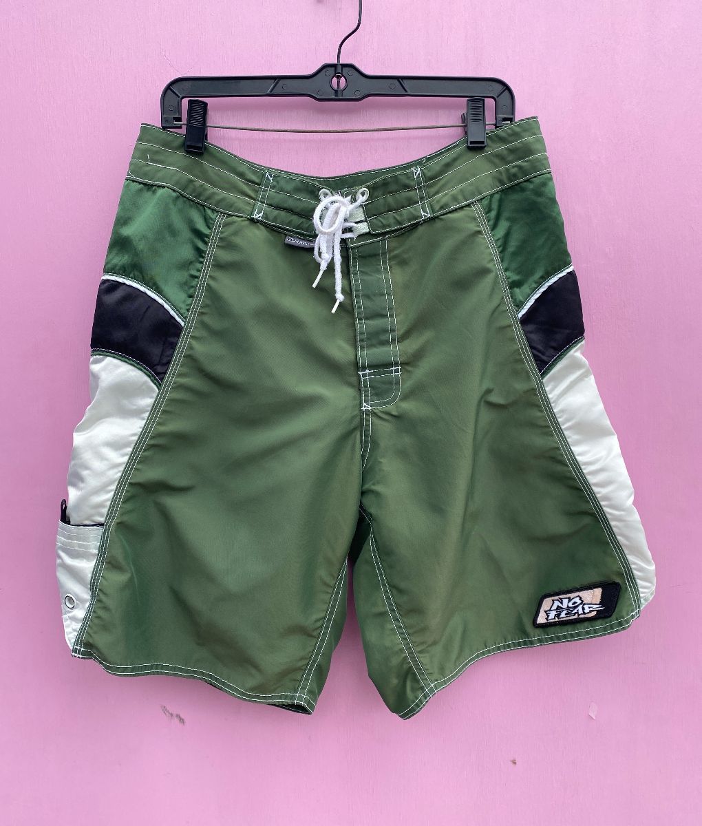 1990s No Fear Swim Shorts W/ White Contrast Stitching + Side Zip 