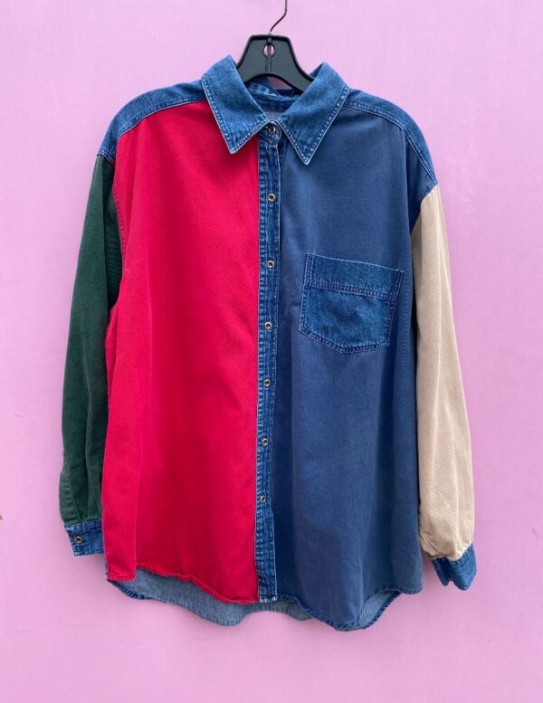 product details: 1990S DENIM & COLOR BLOCK BUTTON UP LONG SLEEVE SHIRT W/ RGB COLORS AS-IS photo