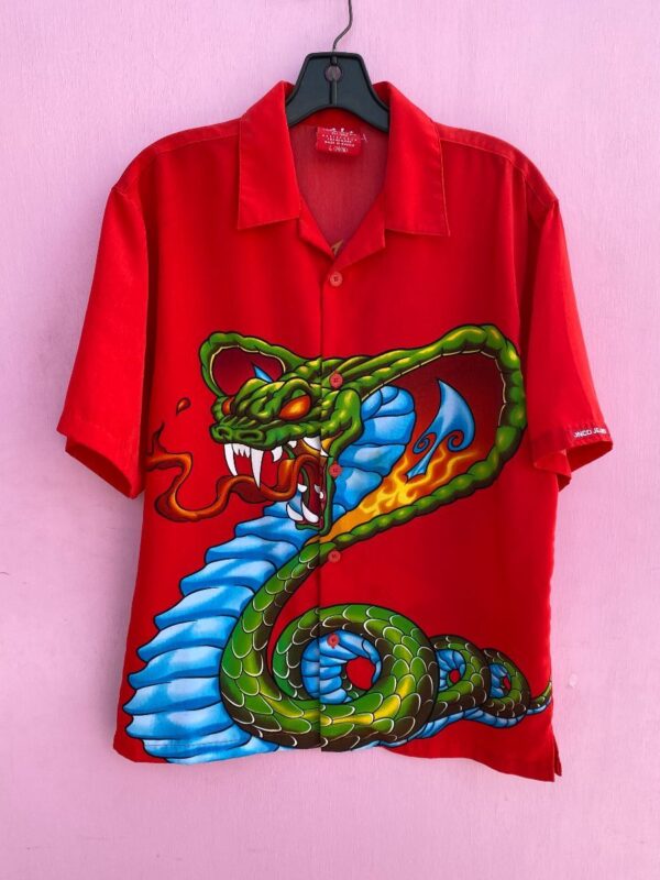 product details: SUPER SICK SNAKE GRAPHIC CAMP COLLAR BUTTON UP FROM 90S W/ SOFT SILKY MATERIAL photo
