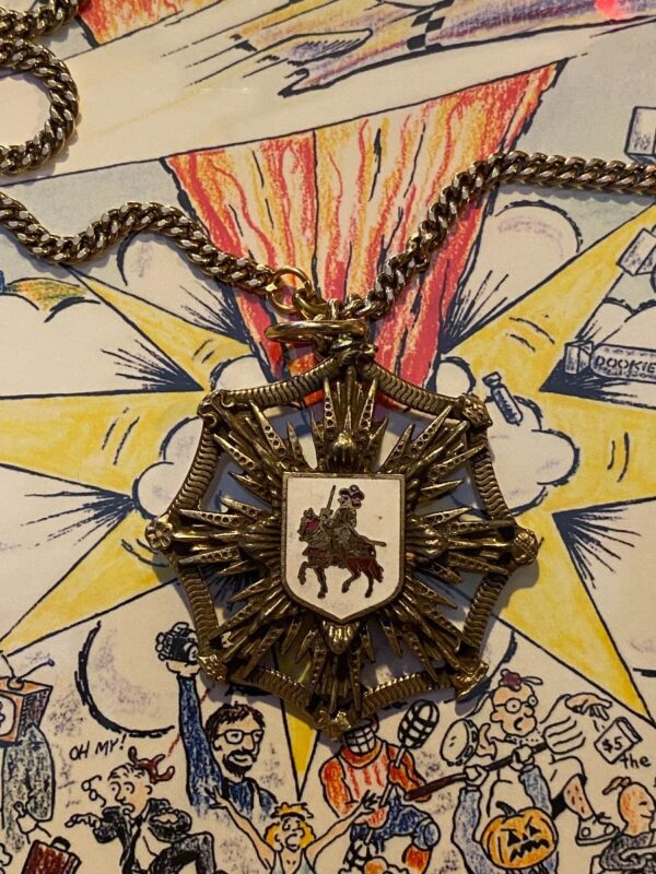product details: ARMORED KNIGHT & HORSE CREST PENDANT VINTAGE BRASS CURB CHAIN NECKLACE photo
