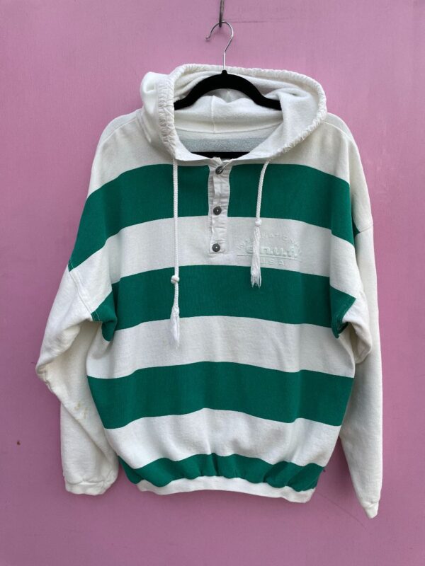product details: *AS-IS* 1990S THICK STRIPED HOODED SWEATSHIRT W/ QUARTER BUTTON UP FRONT AS-IS photo