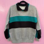 1990S CONTRAST COLLARED HENLEY STYLE SWEATSHIRT W/ COLOR BLOCKED STRIPES