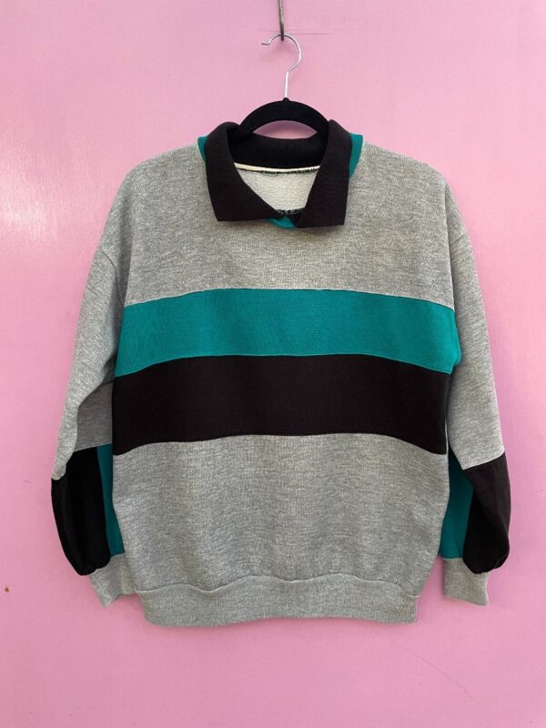 product details: 1990S CONTRAST COLLARED HENLEY STYLE SWEATSHIRT W/ COLOR BLOCKED STRIPES photo
