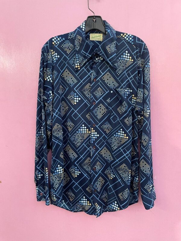 product details: 70S DISCO FLARED COLLAR BUTTON UP W/ GEOMETRIC AND DOT ABSTRACT GRAPHIC photo