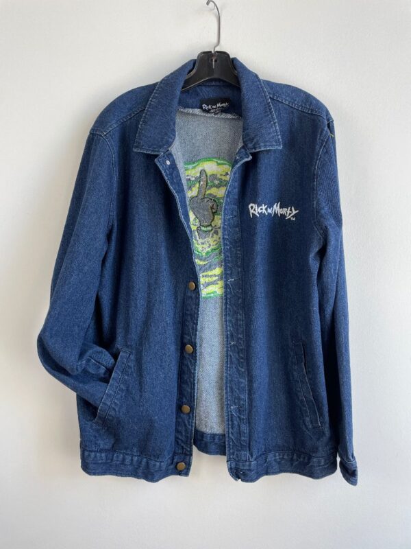 product details: RARE RICK AND MORTY EMBROIDERED DENIM JACKET  \"WATCH ME GO\" EMBROIDERED DENIM JACKET photo