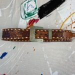 TOOLED LEATHER WESTERN BELT *MARY* METAL LETTERING RECTANGULAR OXIDIZED BUCKLE ORNATE DESIGN