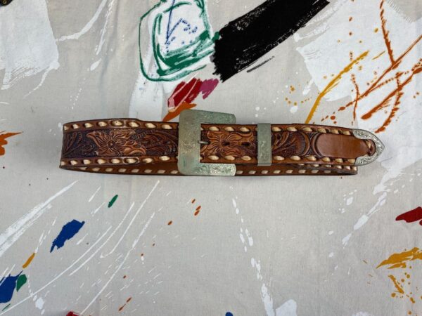 product details: TOOLED LEATHER WESTERN BELT *MARY* METAL LETTERING RECTANGULAR OXIDIZED BUCKLE ORNATE DESIGN photo