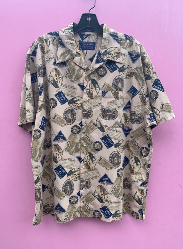 product details: PENDLETON CAMP COLLAR BUTTON UP W/ EUROPEAN TRAVEL LUGGAGE LABEL PRINT photo