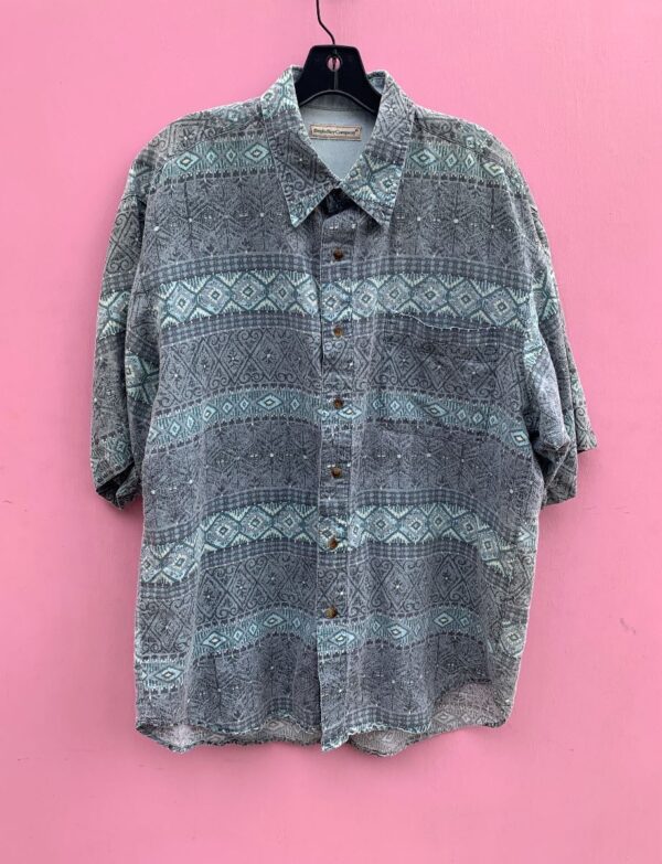 product details: 1990S COOL TONED ALLOVER TRIBAL PRINT SHORT SLEEVE BUTTON UP COTTON SHIRT photo