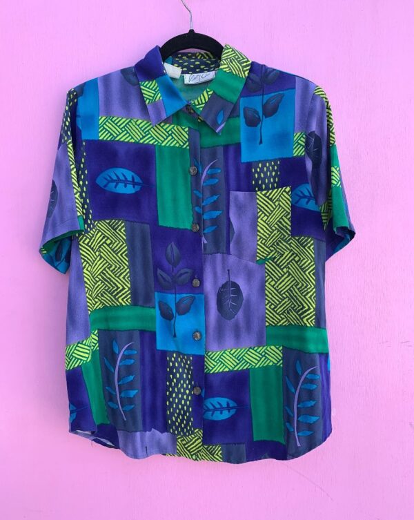 product details: VIBRANT GEOMETRIC COLLAGE SHORT SLEEVE BUTTON UP SHIRT photo