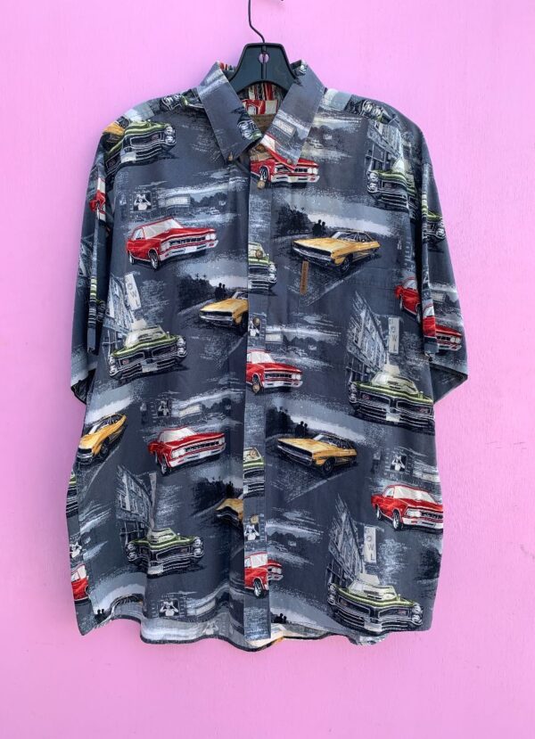 product details: MUSCLE CAR BUTTON UP W/ CORVETTE MUSTANG AND FORD CARS AT DRIVE INS photo