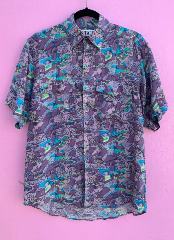 product details: 1980S FUNKY ABSTRACT PRINT PURE SILK BUTTON UP DOUBLE POCKET SHIRT photo