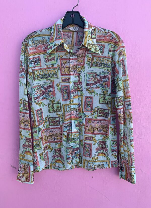 product details: AMAZING 1970S STAINED GLASS ILLUSTRATION FRENCH DISCO PRINT BUTTON DOWN 100% NYLON SHIRT AS-IS photo