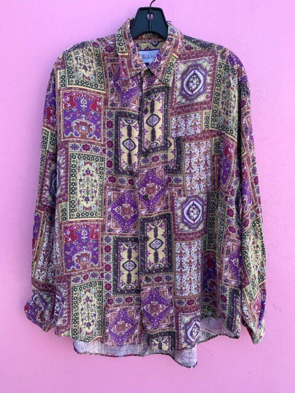 product details: *AS-IS* 1990S MOROCCAN PRINT LONG SLEEVE BUTTON UP RAYON SHIRT AS-IS photo