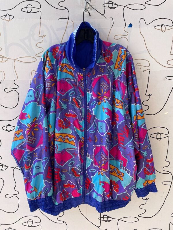 product details: #REVERSIBLE! 1980S MULTICOLORED ABSTRACT ALL OVER PRINT NYLON ZIP UP JACKET photo
