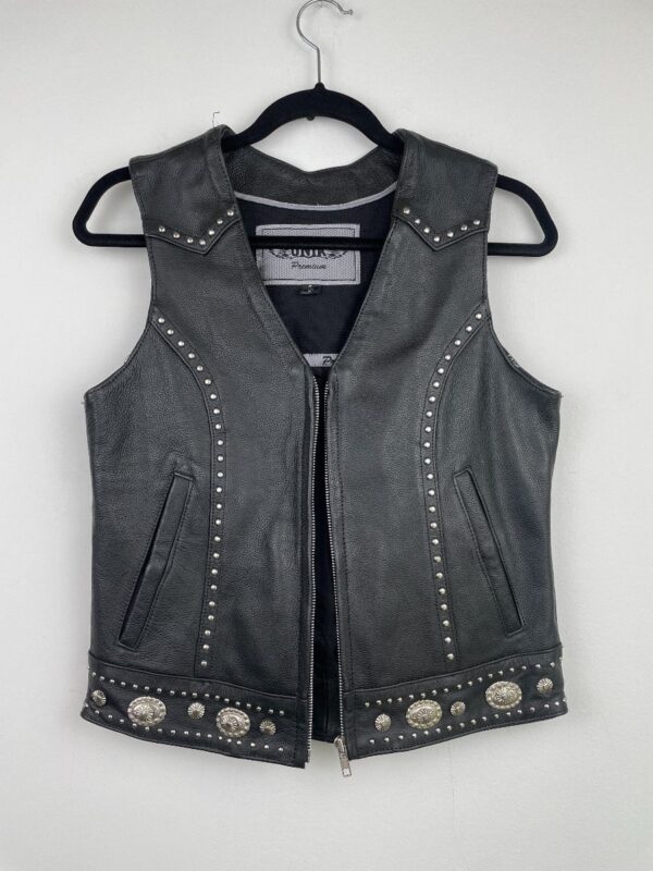 product details: STUDDED THICK LEATHER MOTORCYCLE VEST W/ STUDS & CONCHOS photo