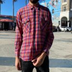 THICK WAFFLE KNIT LONG SLEEVE BUTTON DOWN PLAID FLANNEL SHIRT