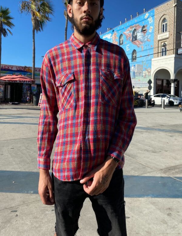product details: THICK WAFFLE KNIT LONG SLEEVE BUTTON DOWN PLAID FLANNEL SHIRT photo