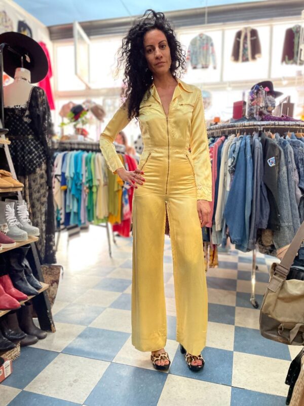 product details: UNREAL 1970S GOLD ACETATE SATIN ZIP UP WIDE LEG CHARLIES ANGELS JUMPSUIT photo