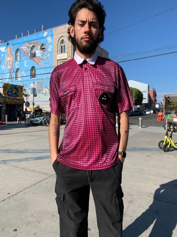 product details: 1990S BRIGHT FUNKY POLY BOWLING SHIRT W/ BOWLING BALL PATCH photo