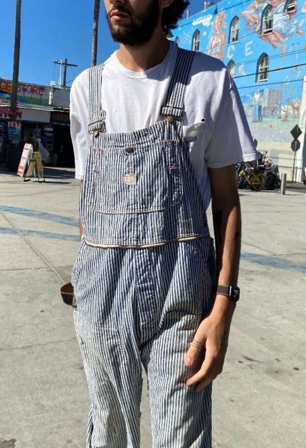 product details: KILLER DISTRESSED DOUBLE KNEE SEARSUCKER OVERALLS W/  ZIPAWAY TOOL BAG EMBOSSED LEATHER HOLSTER AS-IS photo